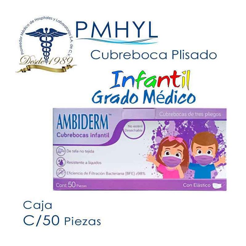 Cubreboca Plisado Infantil Termosellado Violeta Liso Ambiderm Grado Médico Caja C/50 Piezas | PMHYL
