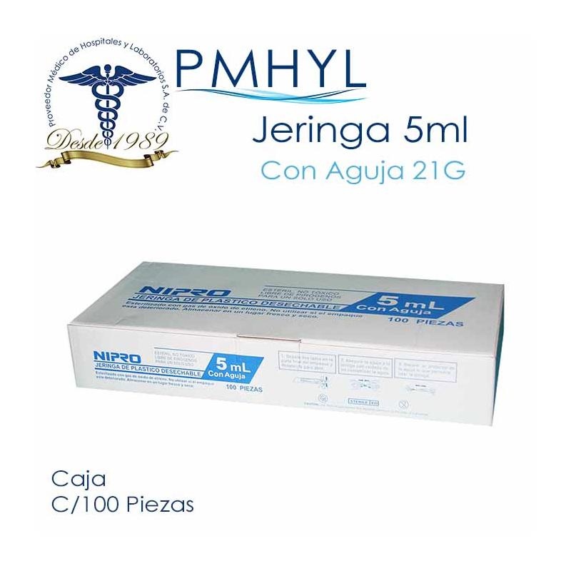 Jeringa 5ml Con aguja 21G x 32mm Caja C/100 Pzas Marca Nipro | PMHYL