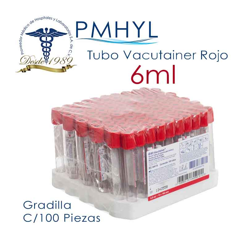 Tubo Vacutainer Rojo 6ml Gradilla C/100 Pzas Ref: 368175| PMHYL