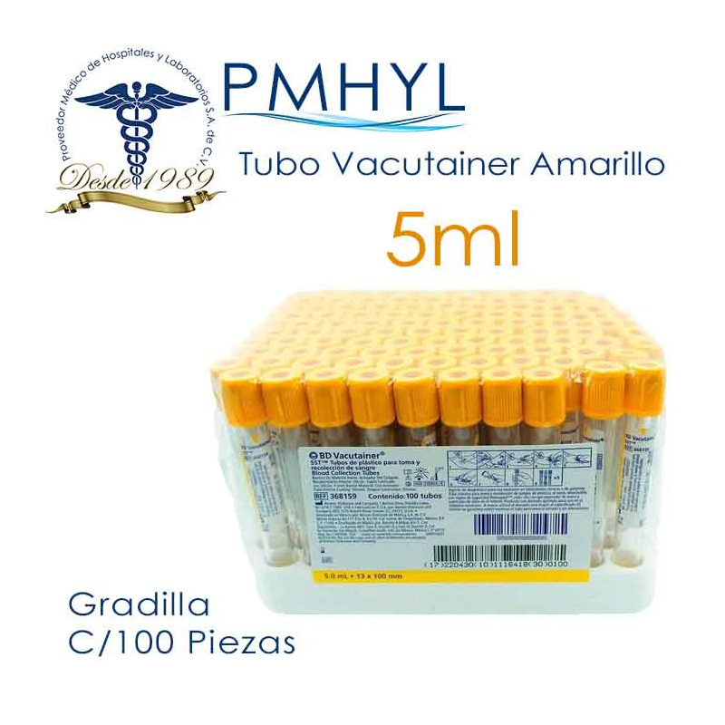 Tubo Vacutainer Amarillo 5ml Gradilla C/100 Piezas Ref: 368159 | PMHYL