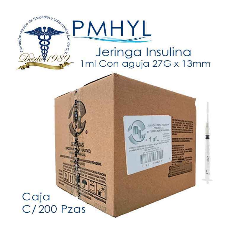Jeringa Para Insulina 1ml con Aguja 27G x 13mm C/200 Pzas DL | PMHYL