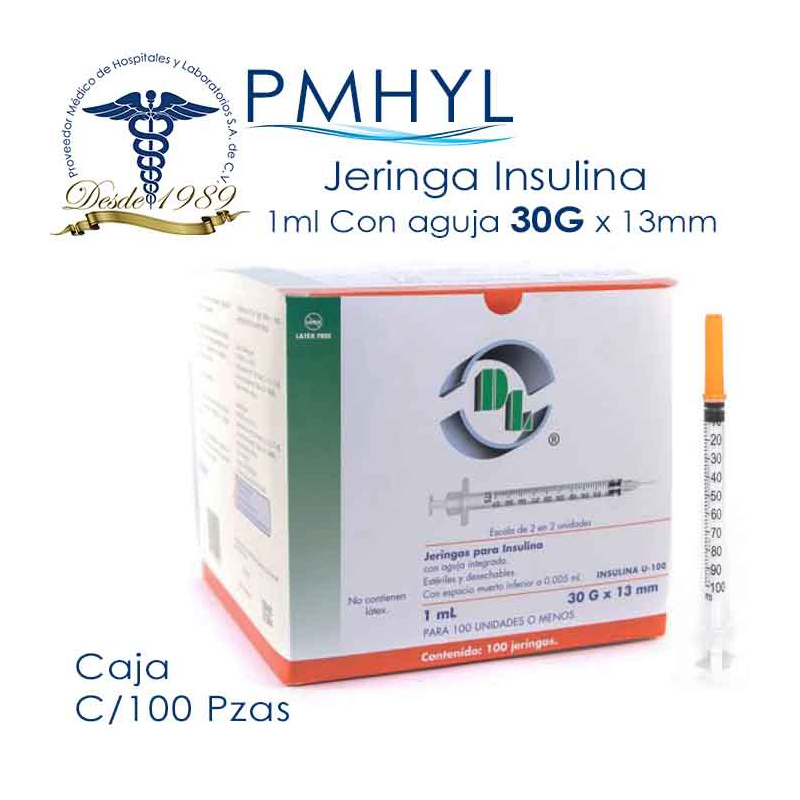 Jeringa Para Insulina 1ml con Aguja 30G x 13mm C/100 Pzas DL | PMHYL