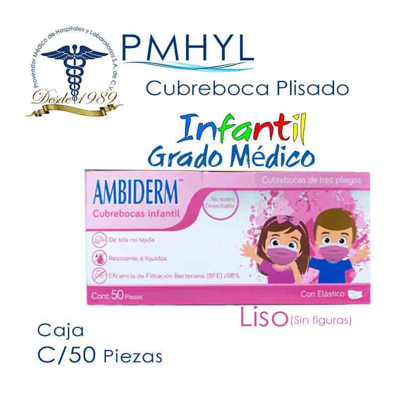 Cubreboca Infantil Ambiderm Rosa Liso Grado Médico Caja C/50 Piezas | PMHYL