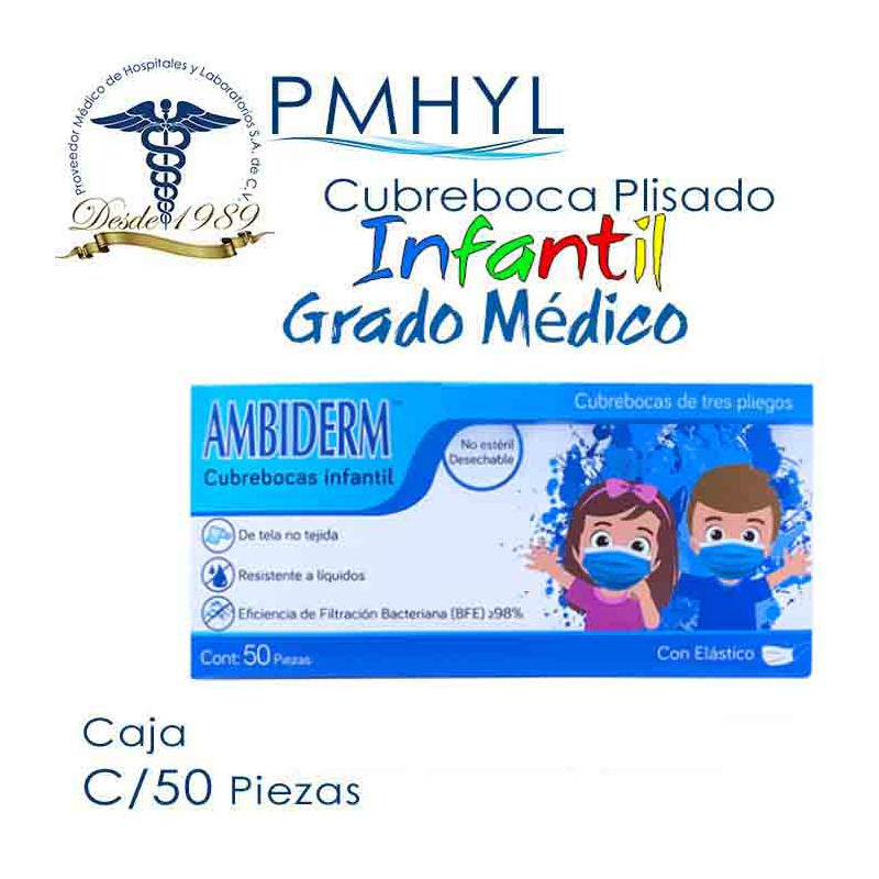 Cubreboca Plisado Infantil Termosellado Azul Liso Ambiderm Grado Médico Caja C/50 Piezas | PMHYL
