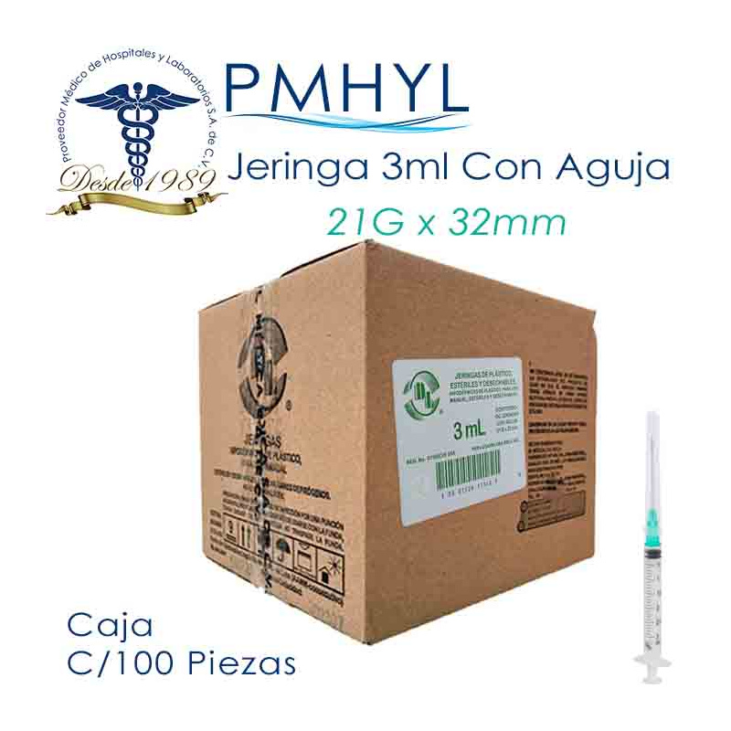 Jeringa 3ml con Aguja Verde 21G Caja C/100 Pzas DL | PMHYL