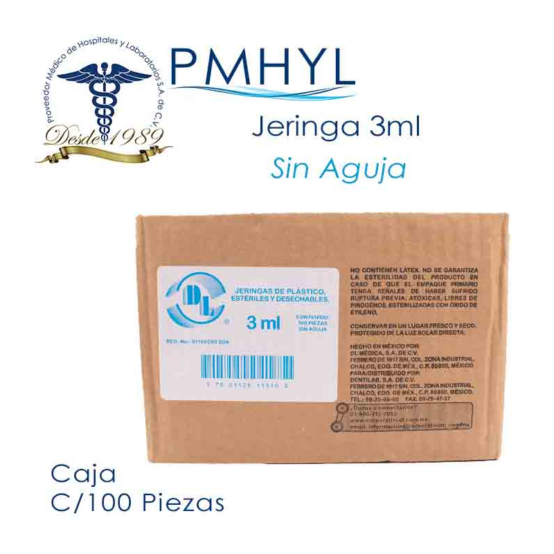 Jeringa 3ml sin Aguja Caja C/100 Pzas DL | PMHYL