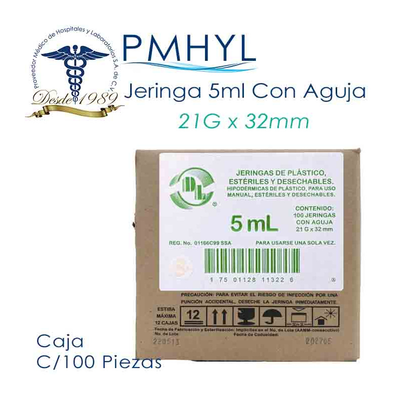 Jeringa 5ml con Aguja Verde 21G X 32mm Caja C/100 Pzas Dentilab DL | PMHYL