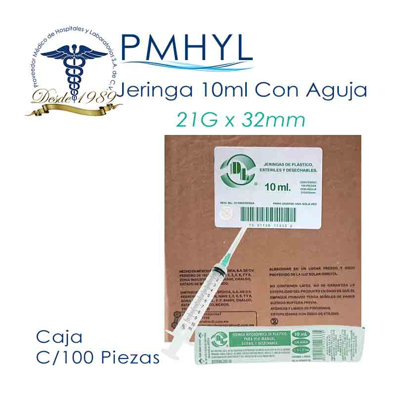 Jeringa 10ml con Aguja Verde 21G Caja C/100 Pzas DL | PMHYL