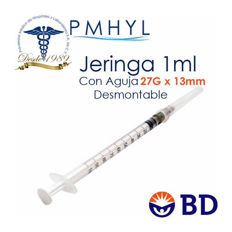Jeringa Para Insulina 1ml con Aguja 27G x 13mm Desmontable Caja C/100  Piezas Mca. BD