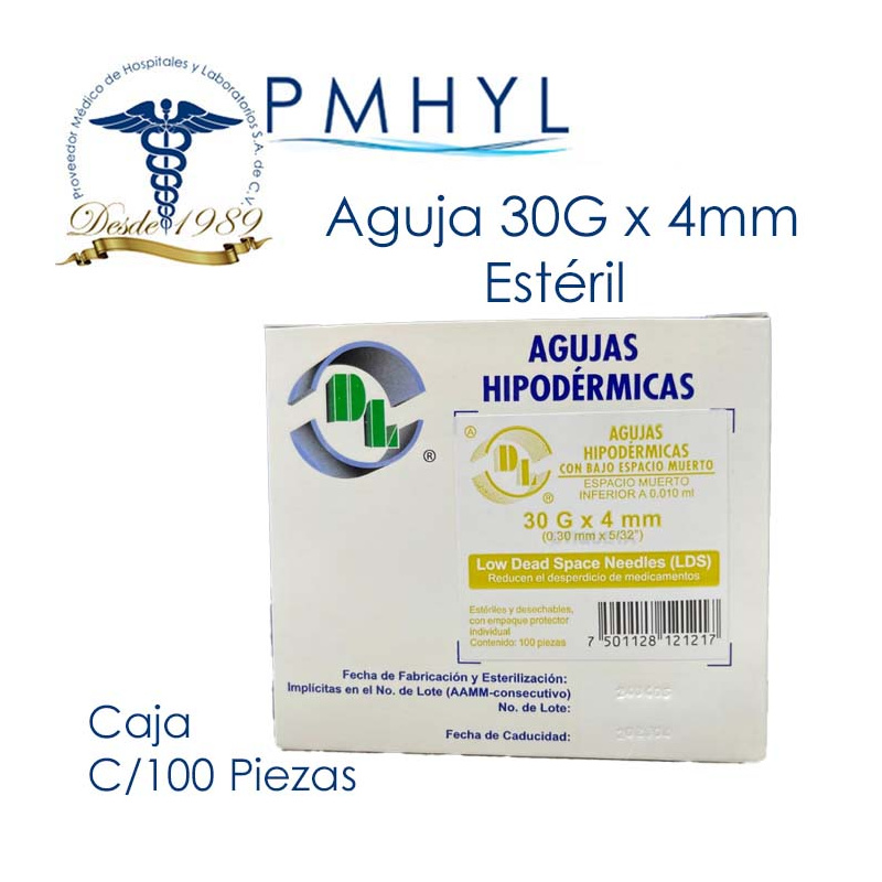 Aguja Hipodermica 30G x 4mm ( 0.30mm x 5/32") DL C/100 Pzas | PMHYL