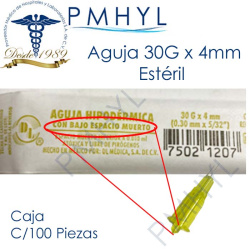 Aguja 30G x 4mm hipodermica ( 0.30mm x 5/32") DL C/100 Pzas | PMHYL