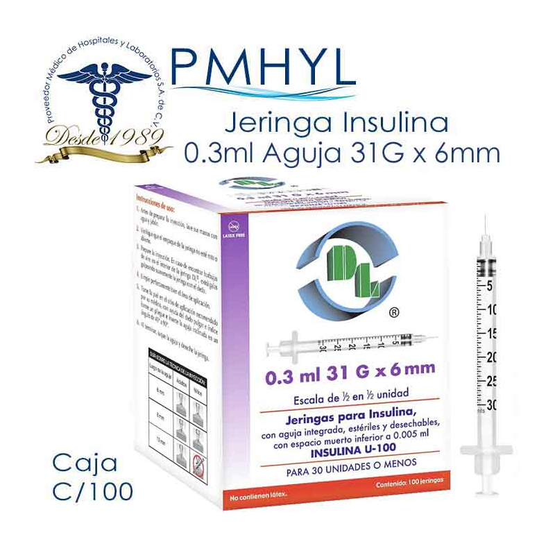 Jeringa Para Insulina 0.3 ml con Aguja 31G x 6mm C/100 Pzas DL | PMHYL