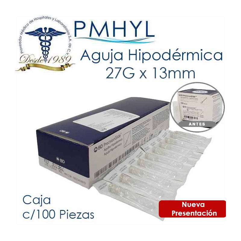 Aguja Hipodermica 27G x 1/2" ( 13mm ) BD C/100 Pzas Referencia Anterior: 300017 Actual: 301982| PMHYL