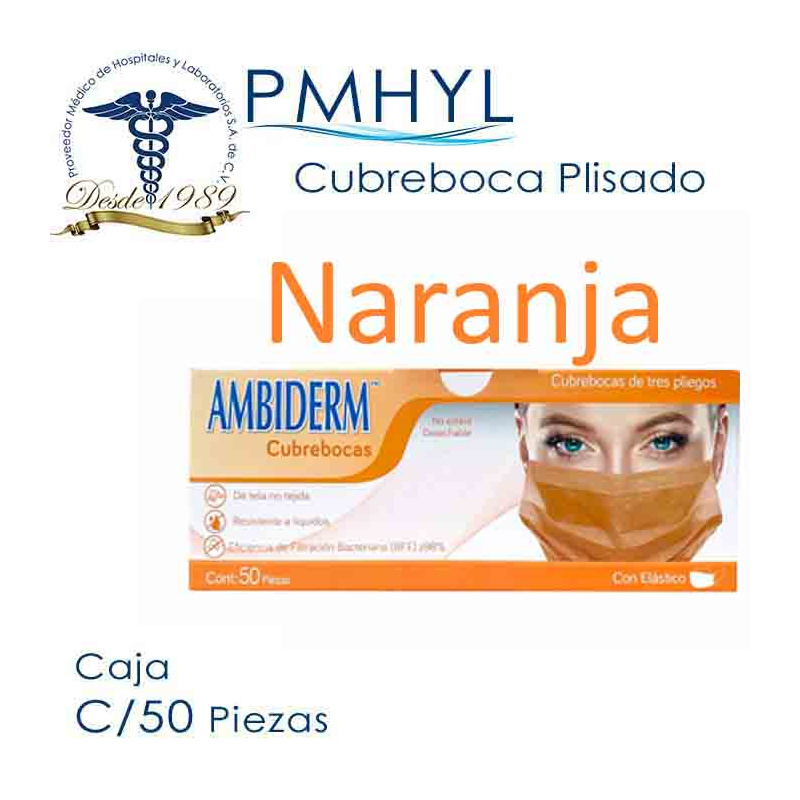 Cubreboca Naranja Plisado Adulto Ambiderm Termosellado Caja C/50 Piezas | PMHYL