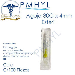 Aguja 30G x 4mm hipodermica ( 0.30mm x 5/32") DL C/100 Pzas | PMHYL