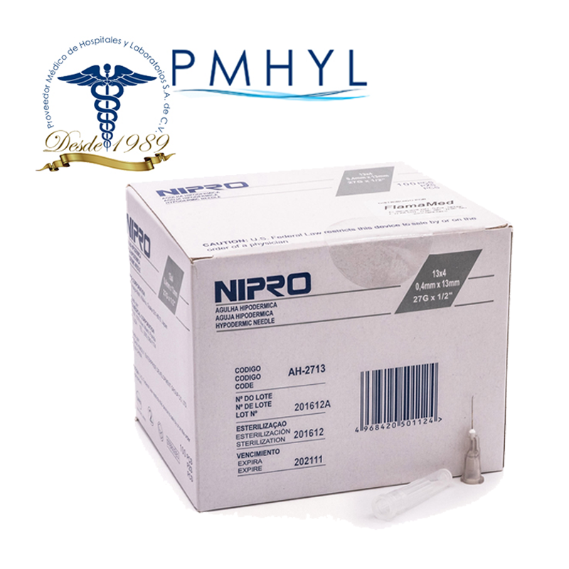 Aguja Hipodermica 27G x 1/2" ( 13mm ) NIPRO C/100 Pzas | PMHYL