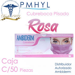 Cubreboca Rosa Plisado Adulto Ambiderm Termosellado Caja C/50 Piezas | PMHYL