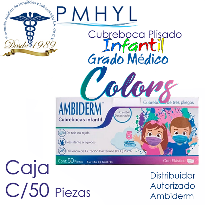 Cubreboca Plisado Infantil Termosellado Multicolor Liso Ambiderm Grado Médico Caja C/50 Piezas | PMHYL