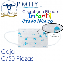 Cubreboca Plisado Infantil Delfines Termosellado Azul-Panditas Ambiderm Grado Médico Caja C/50 Piezas | PMHYL