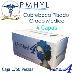Cubreboca Termosellado Plisado Unimask 4 Azul Cobalto Uniseal Caja c/50 Pzas| PMHYL