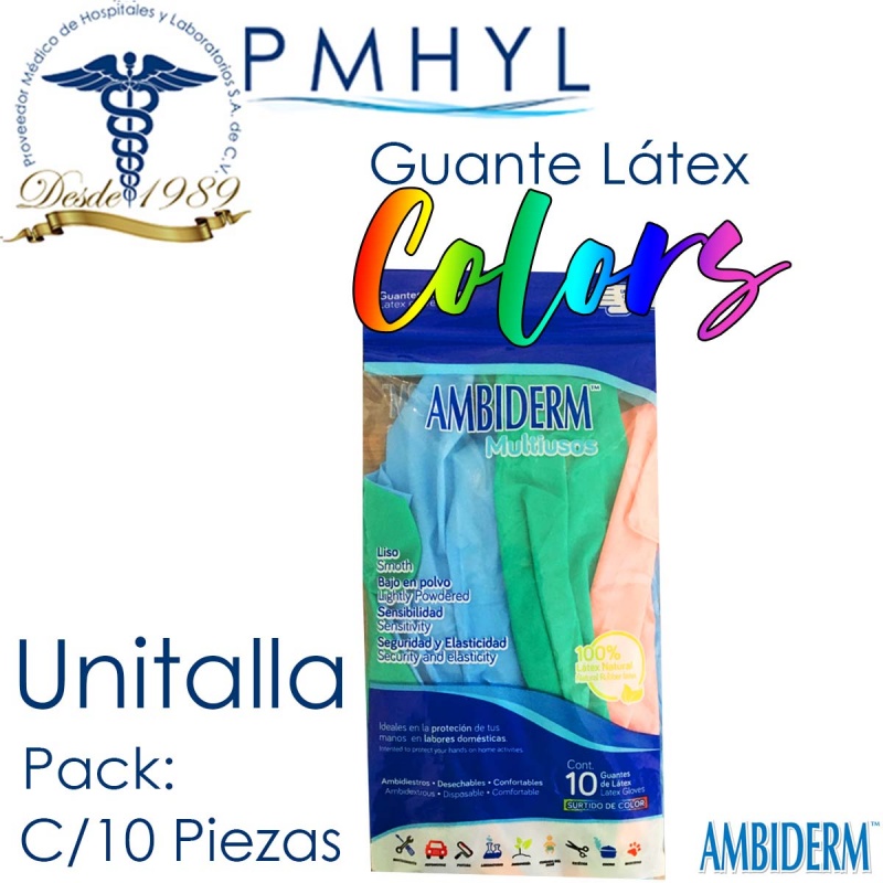Guante Látex Multicolor No Estéril Ambiderm Pack C/10 Piezas | PMHYL