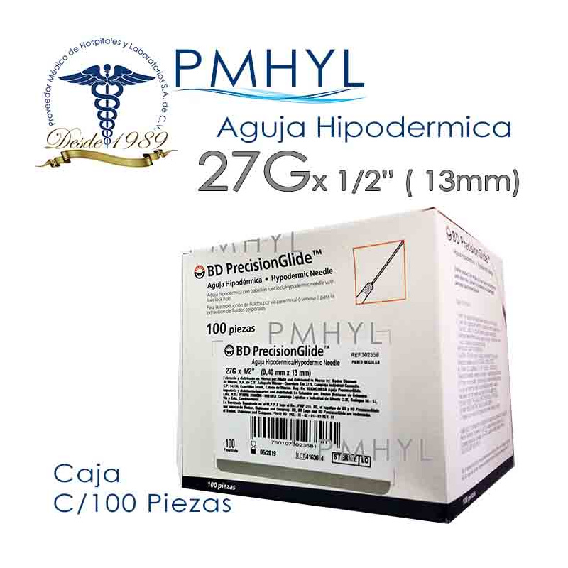 Aguja Hipodermica 27G x 1/2" ( 13mm ) BD C/100 Pzas | PMHYL