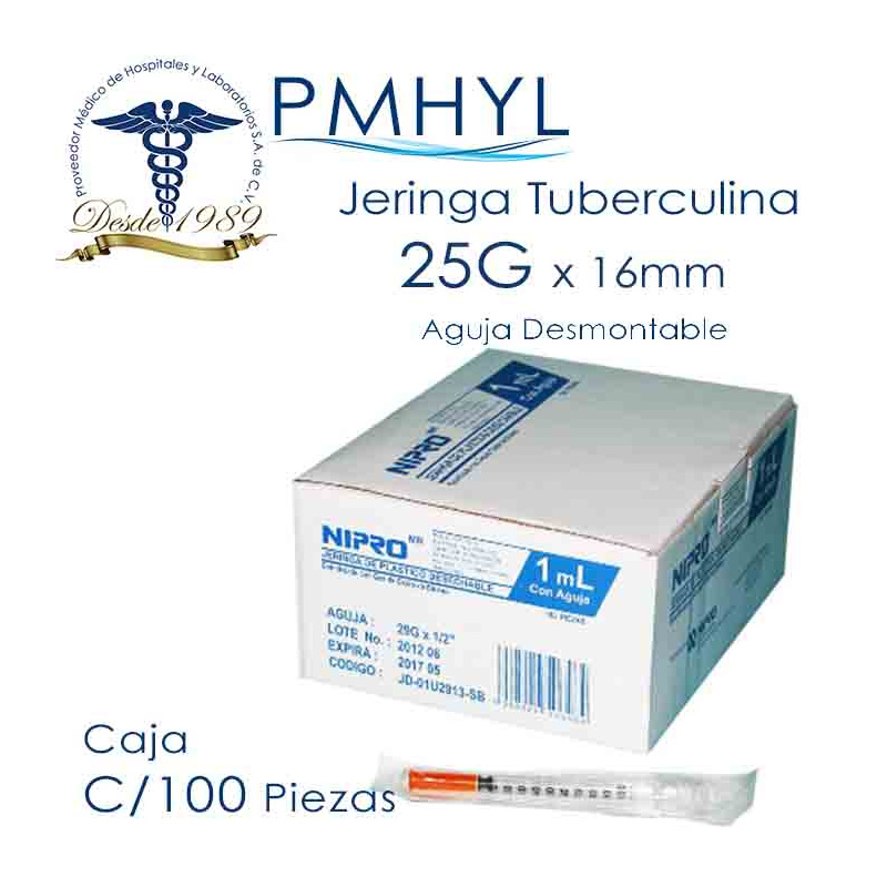 Jeringa Tuberculina Nipro 1ml Con aguja 25G x 16mm Caja C/100 Pzas | PMHYL