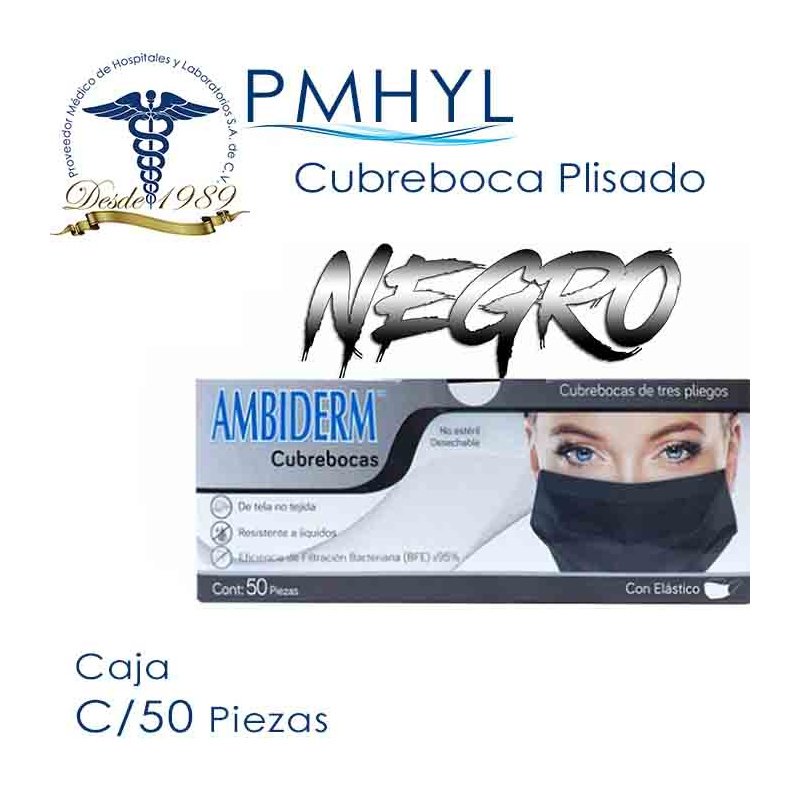 Cubreboca Negro Plisado Adulto Ambiderm Termosellado Caja C/50 Piezas | PMHYL