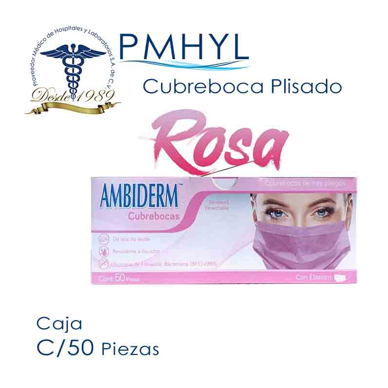 Cubreboca Rosa Plisado Adulto Ambiderm Termosellado Caja C/50 Piezas | PMHYL