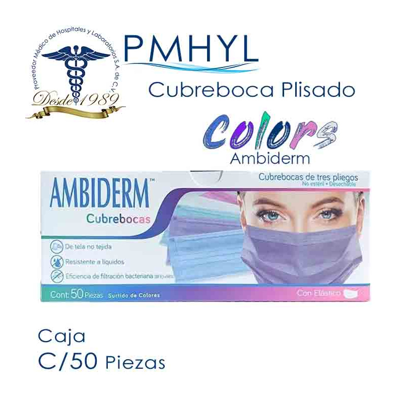 Cubreboca Plisado Termosellado Ambiderm Colores Caja C/50 Piezas | PMHYL