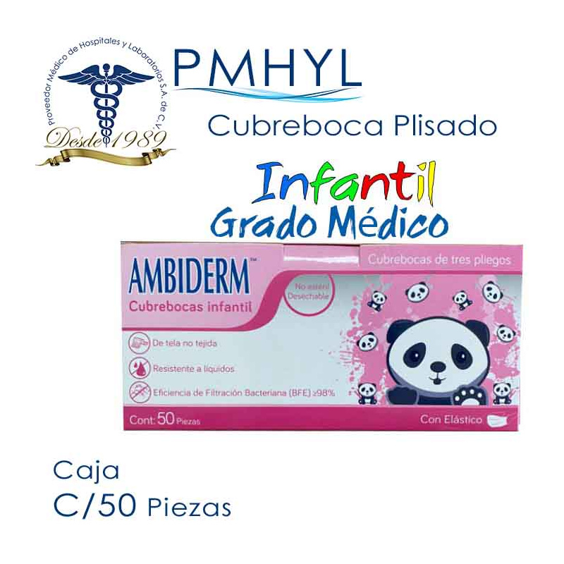 Cubreboca Plisado Infantil Termosellado Rosa-Panditas Ambiderm Grado Médico Caja C/50 Piezas | PMHYL