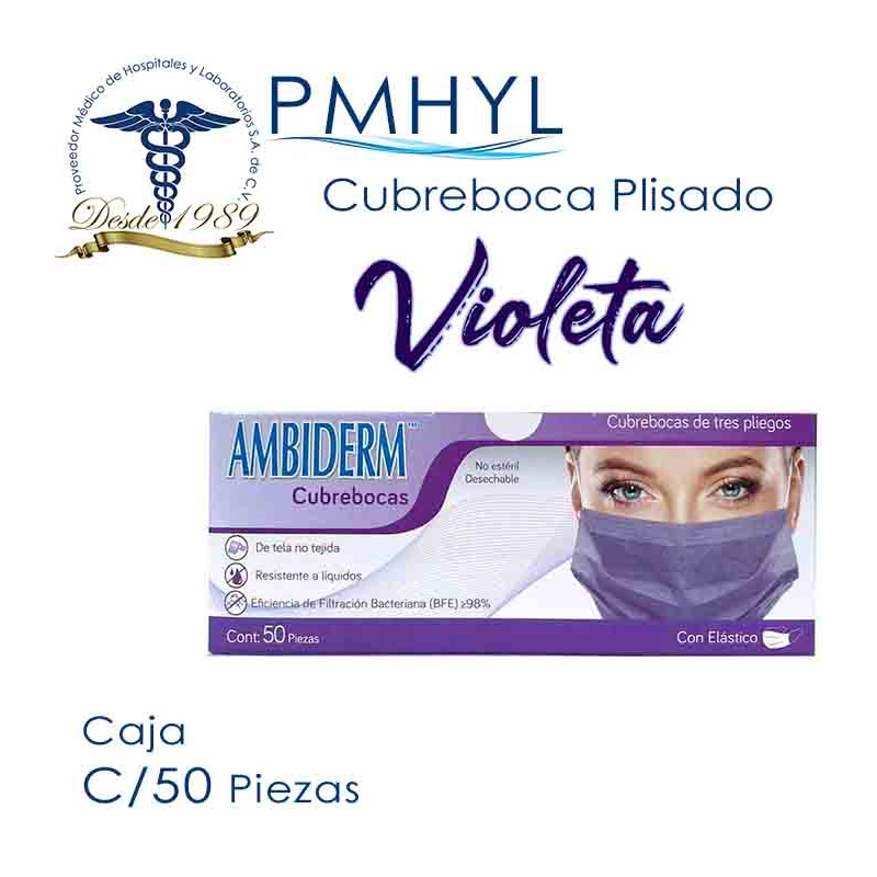 Cubreboca Violeta Plisado Adulto Ambiderm Termosellado Caja C/50 Piezas | PMHYL
