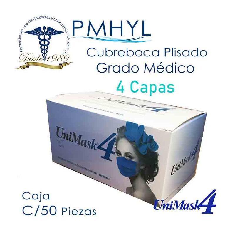 Cubreboca Azul Cobalto Uniseal Adulto Termosellado Unimask 4 Caja c/50 Pzas| PMHYL