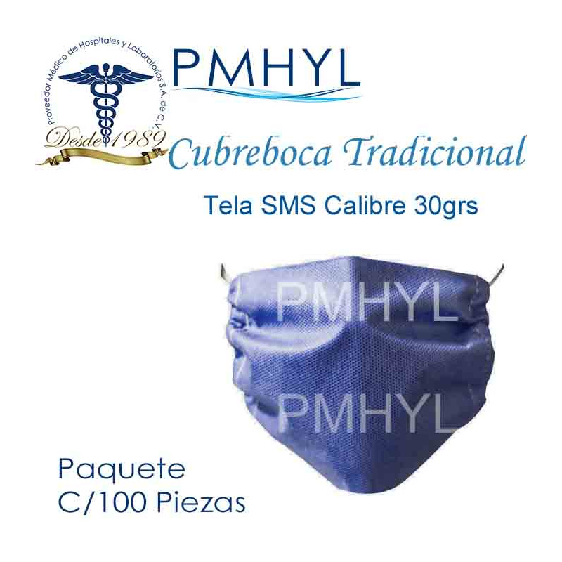 Cubreboca Tradicional Azul Tela SMS Paq. C/100 Piezas | PMHYL